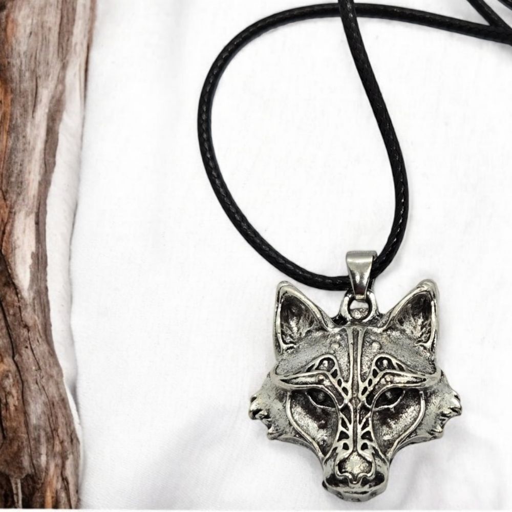 Wolf Head Pendant Nordic Viking Fenrir Corded Necklace Norse Celtic Fantasy Goth